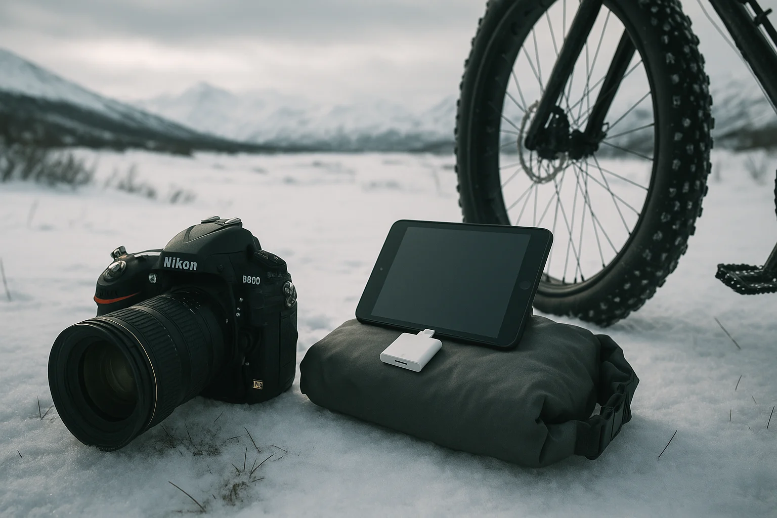 Bikepacker with a Nikon D800E on a snowy Alaskan trail, showcasing a minimalist camera setup