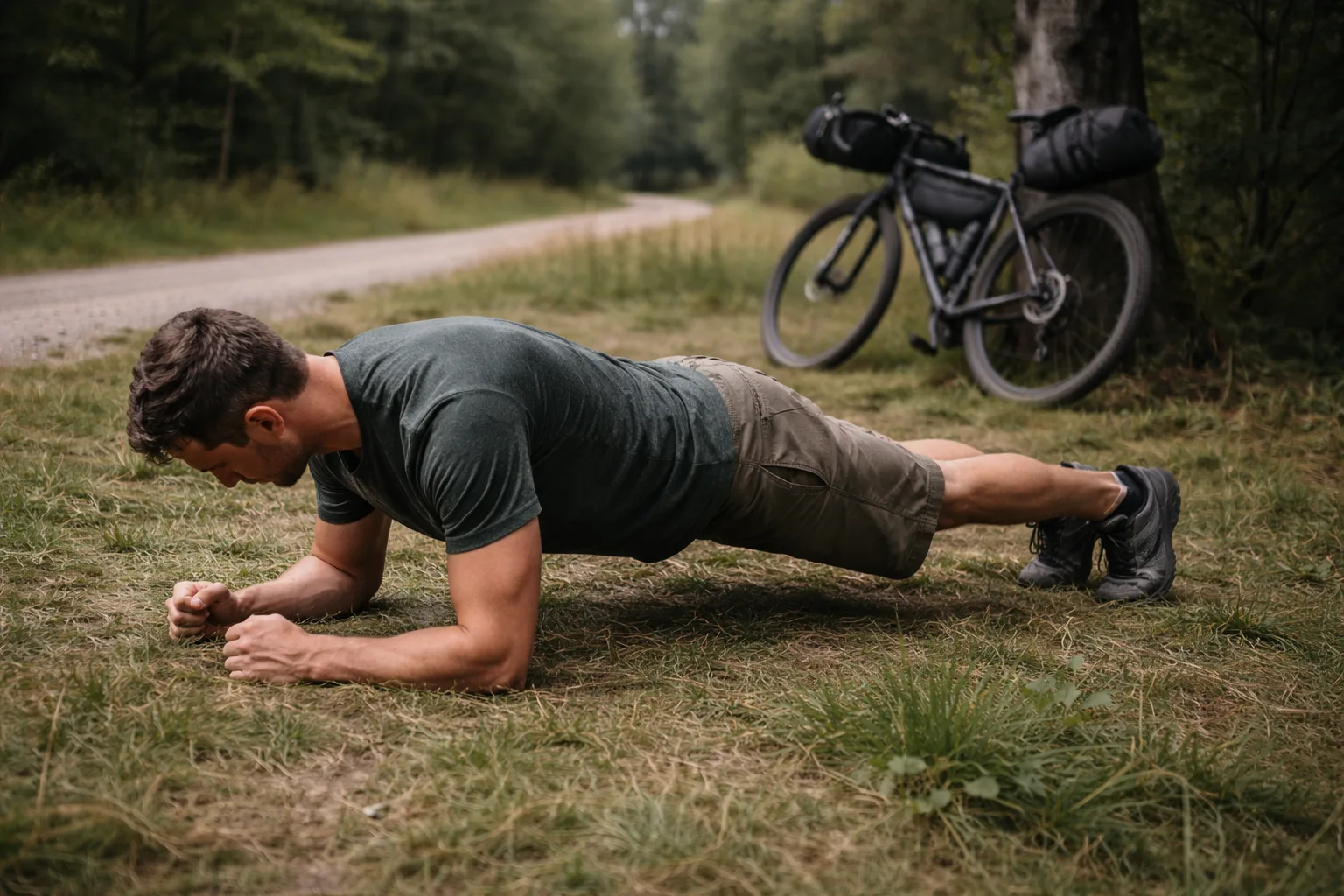 Bikepacker doing trailside core exercises on grass at a route pull-out — strength training for multi-day bikepacking tours
