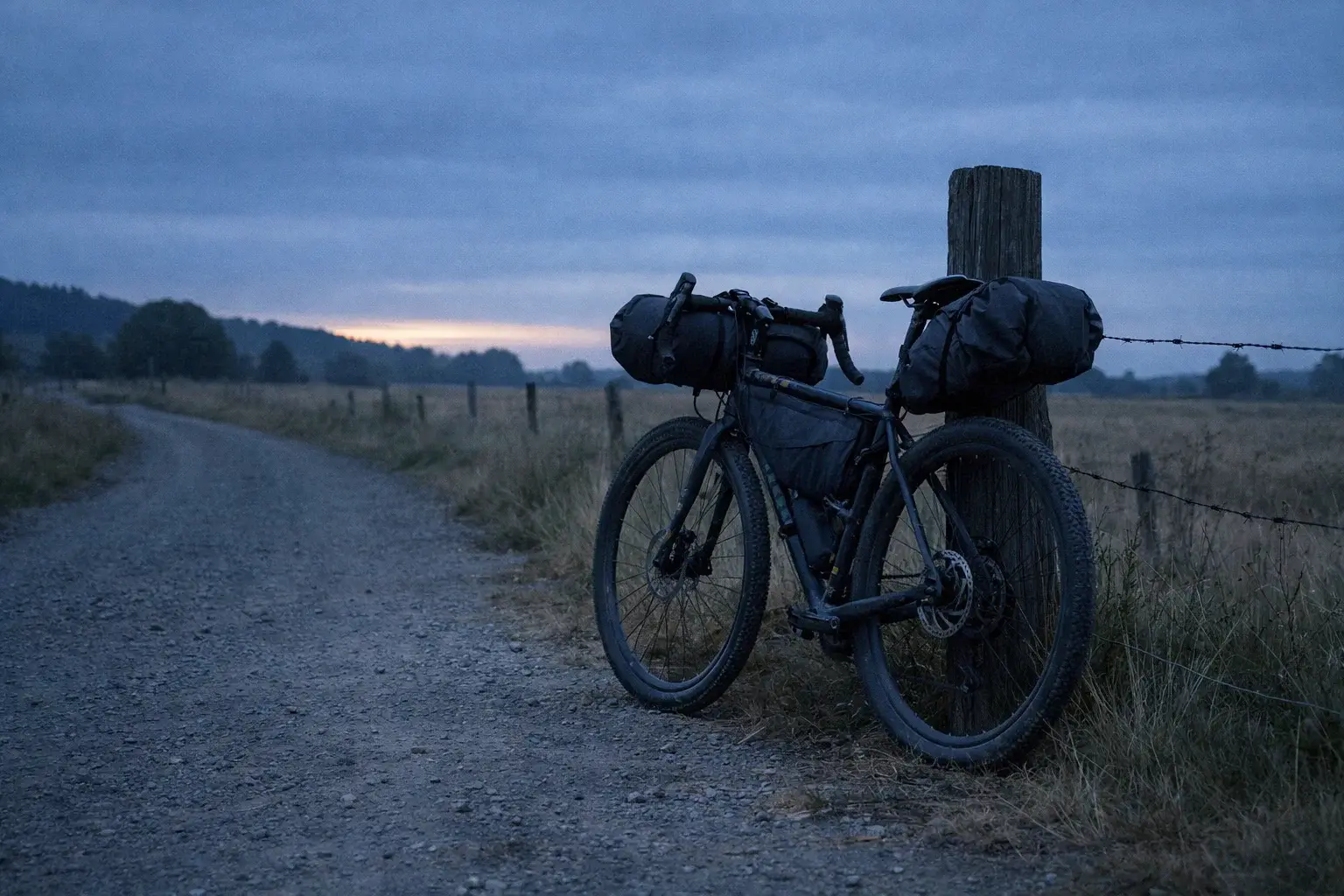 A loaded dark gravel bike ready to set off on a quiet gravel trail at dawn — beginner bikepacking training plan for multi-day tours
