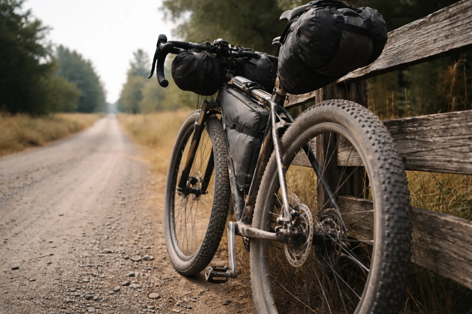 fully loaded bikepacking bike leaning against a wooden fence on a quiet gravel road, morning light, dusty trail atmosphere