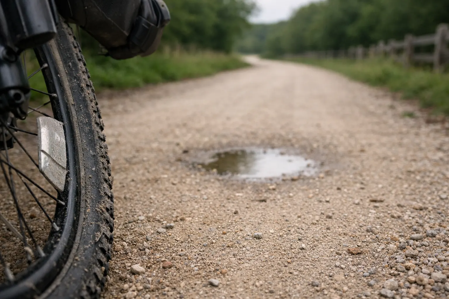 Beginner-friendly gravel rail-trail surface with a small puddle and a bike tire in the foreground