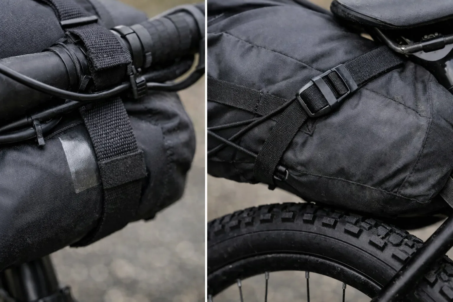 Bikepacking bag clearance close-up: handlebar roll strap cable space and seat pack straps above the rear tire