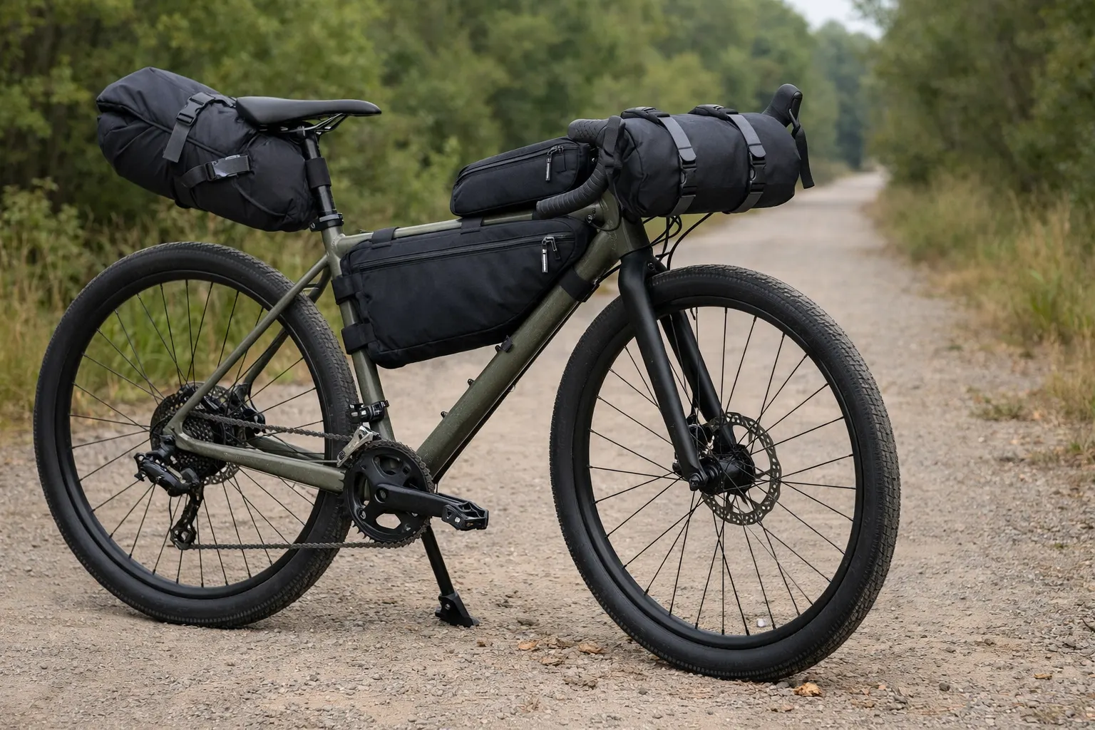 Loaded gravel bike with bikepacking bags on a gravel road (frame bag, handlebar roll, seat pack, top-tube bag)