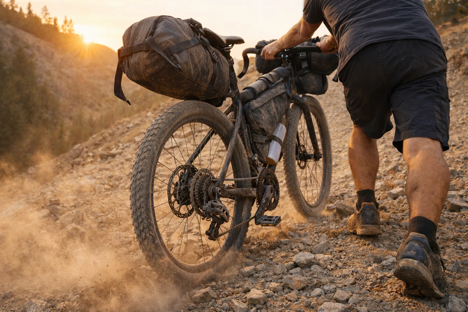 Beginner bikepacking mistakes: pushing an overloaded bike up a rocky climb at sunrise