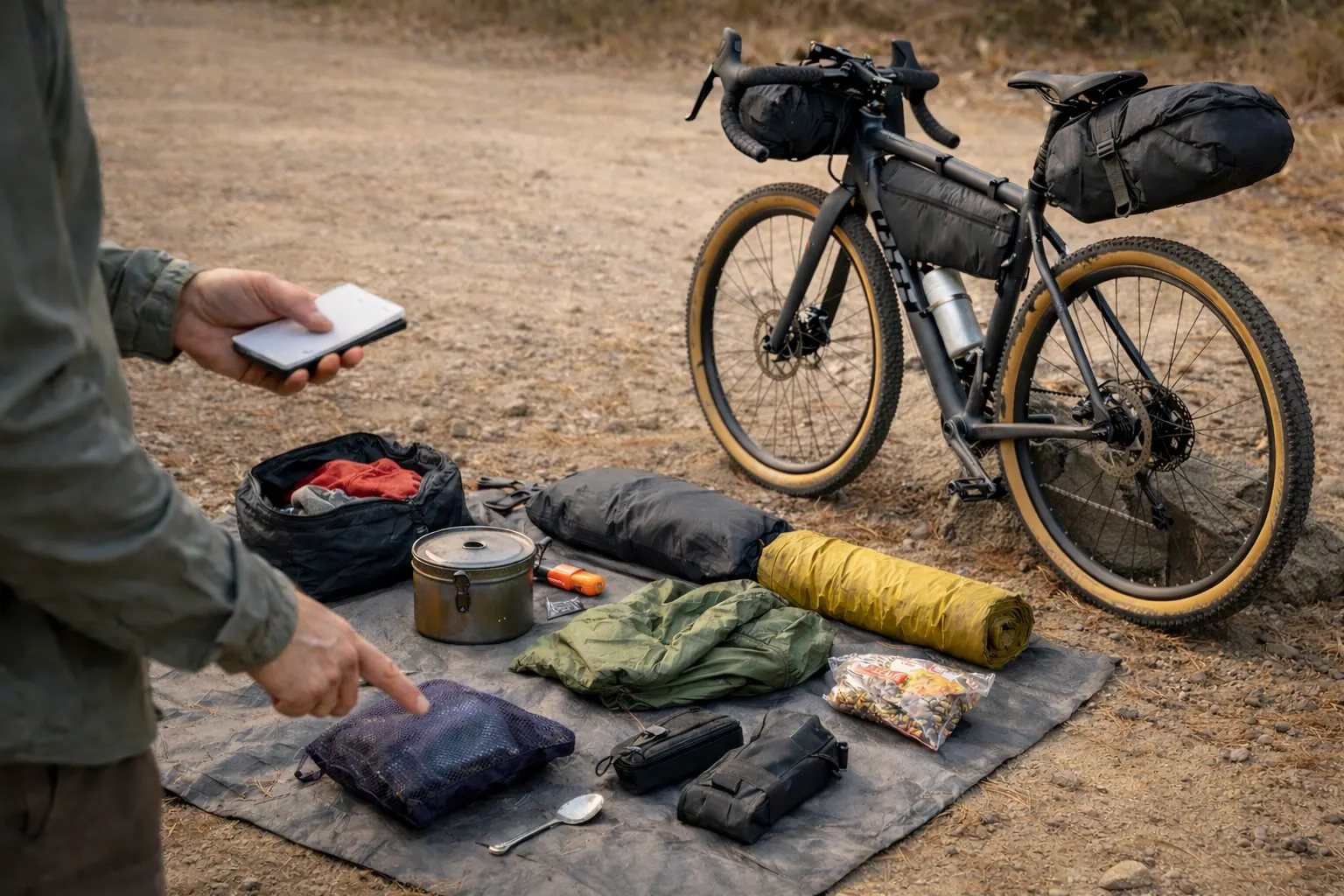 Bikepacking gear shakedown layout on a groundsheet next to a loaded bike