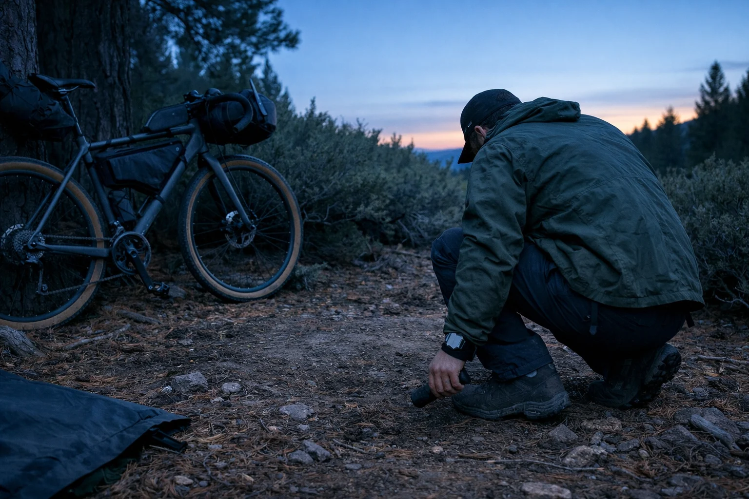 Bikepacker checking a flat sheltered campsite at dusk with a loaded bike nearby