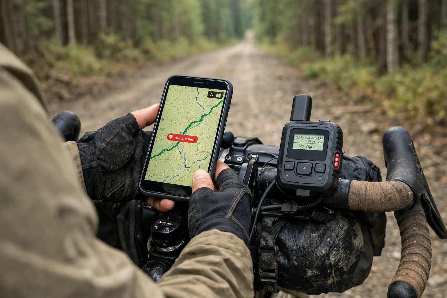 Bikepacker using offline maps and a satellite messenger on a forest road