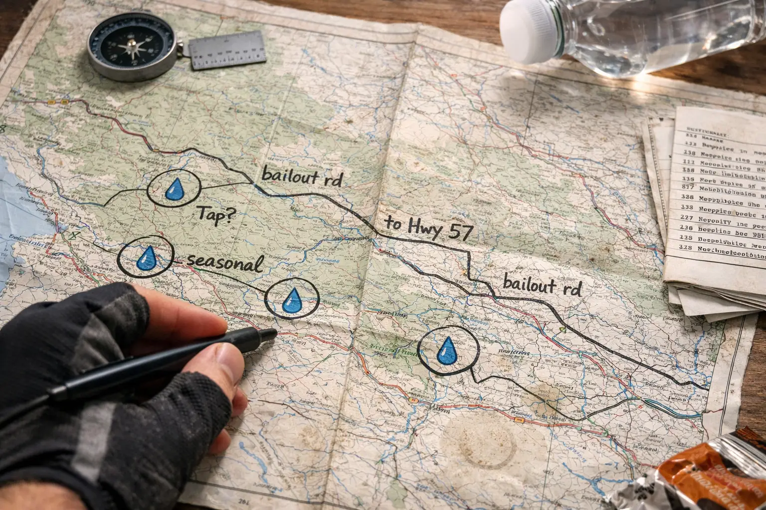 Bikepacking map with water sources marked and bailout roads highlighted