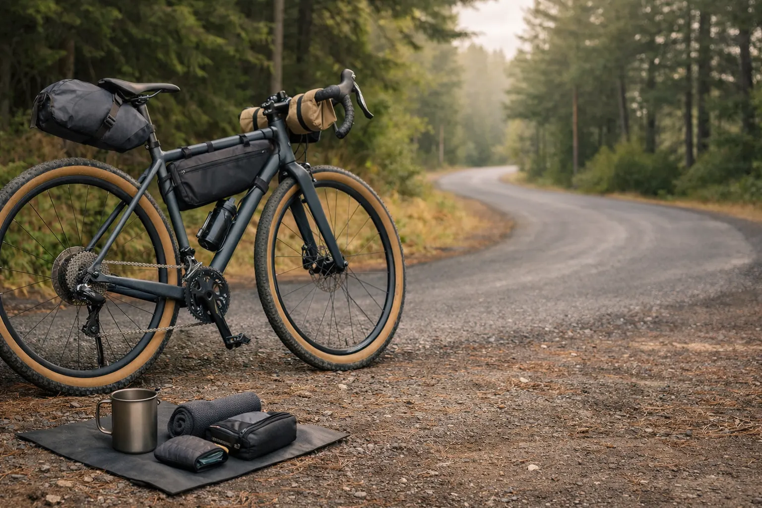 Loaded gravel bike with a balanced bikepacking setup on a quiet forest road, with a small camp kit laid out on a ground mat