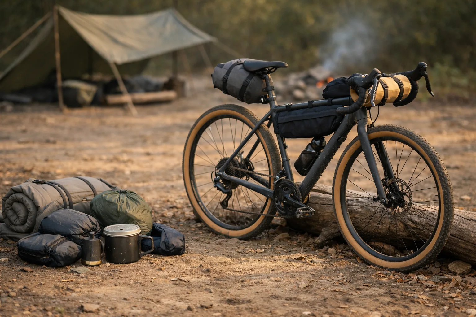 Budget-friendly bikepacking gear setup at camp with a loaded bike, tarp shelter in the background, and simple cooking gear nearby
