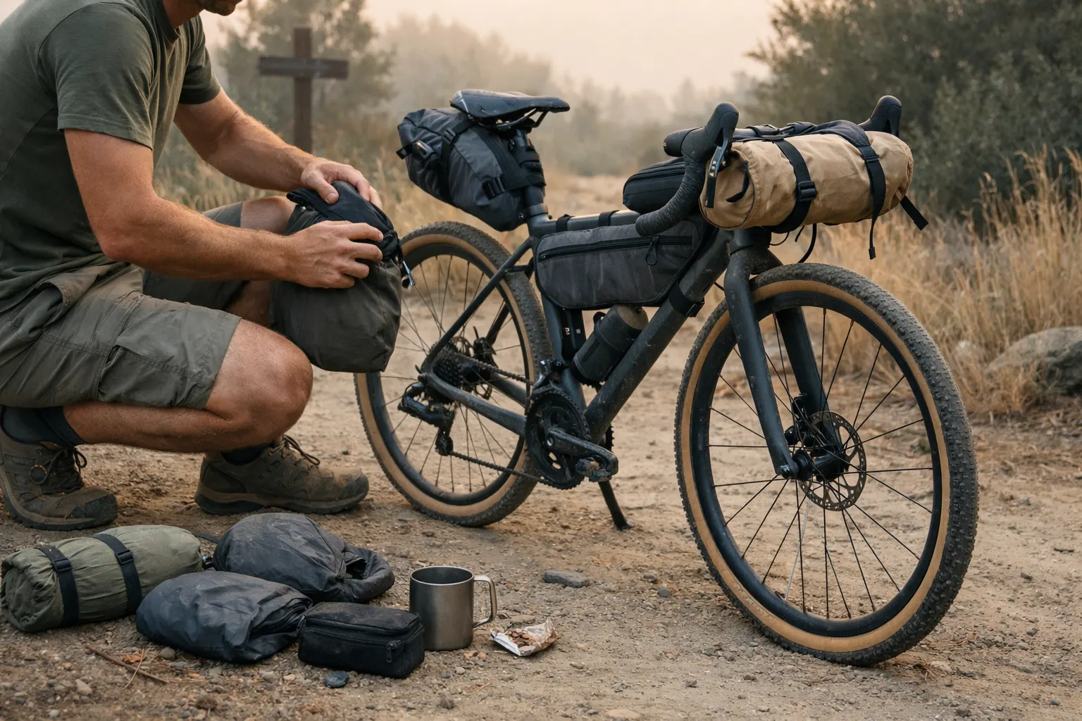 Bikepacking gear setup shakedown as a rider packs bags beside a loaded gravel bike on a dusty roadside