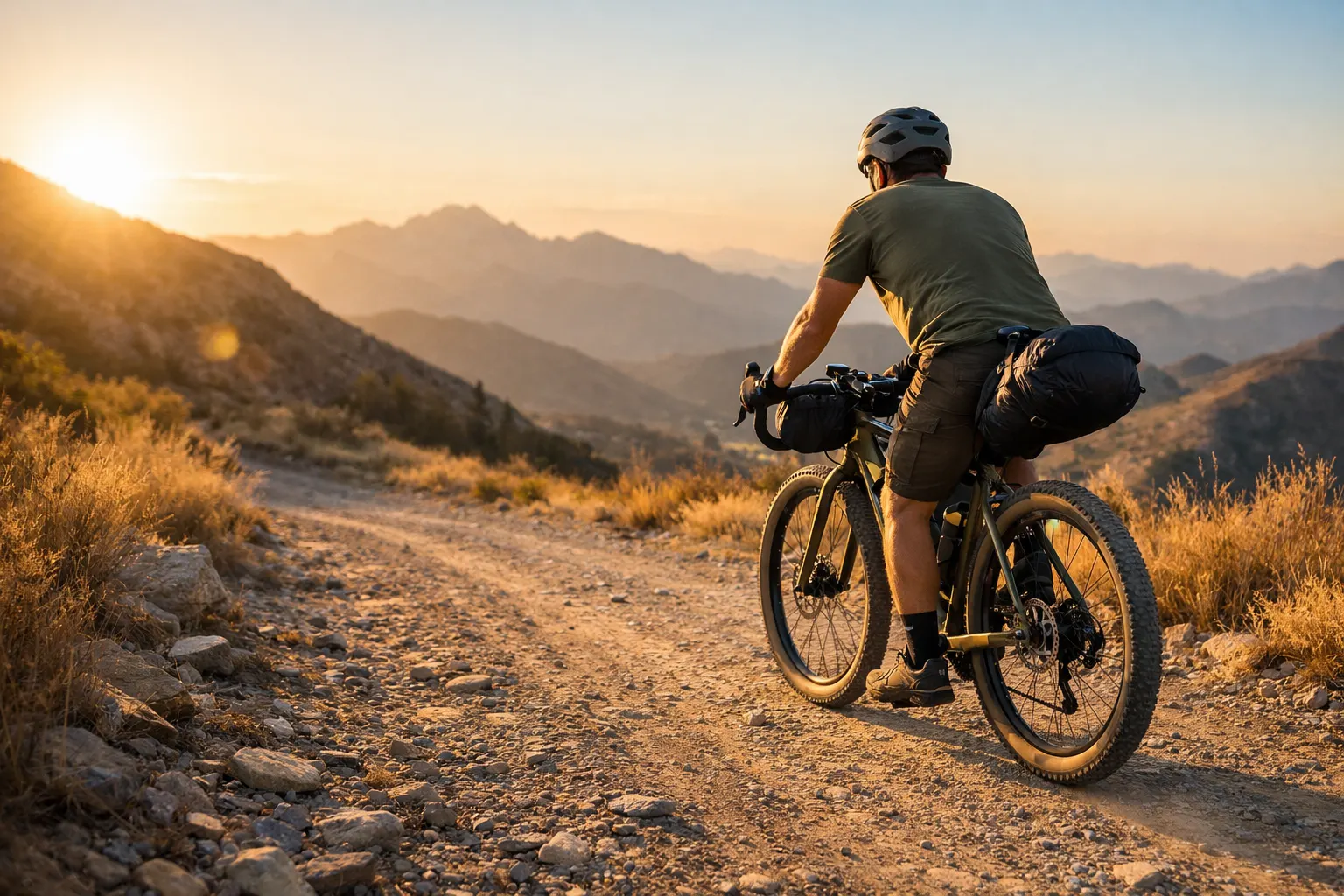 cyclist on a loaded gravel bike crossing a remote mountain pass on bikepacking routes at golden hour, vast open landscape, minimal gear