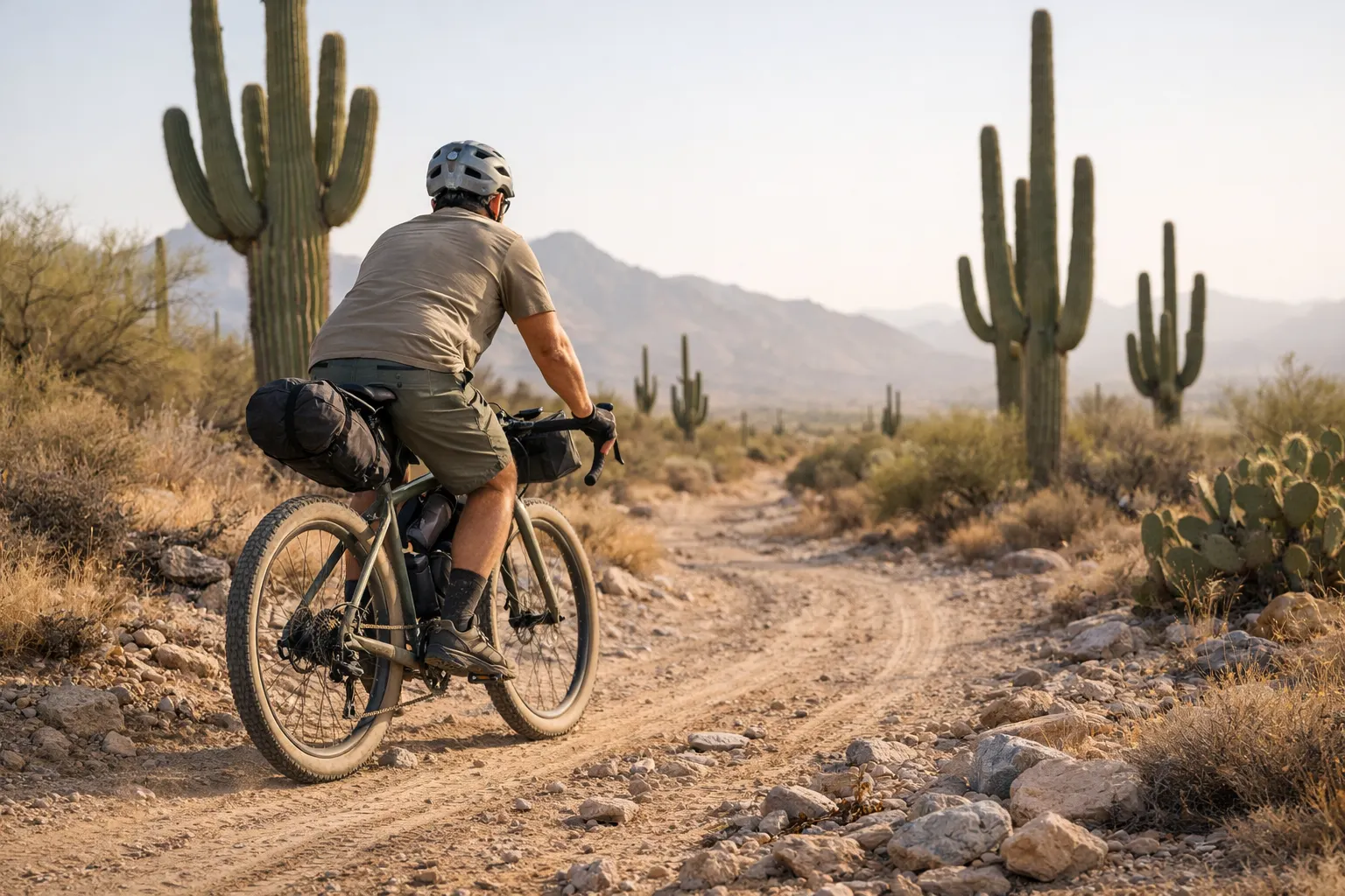 gravel bike leaning against a saguaro cactus on a sandy desert trail at sunrise, golden light, remote Arizona landscape, vast silence