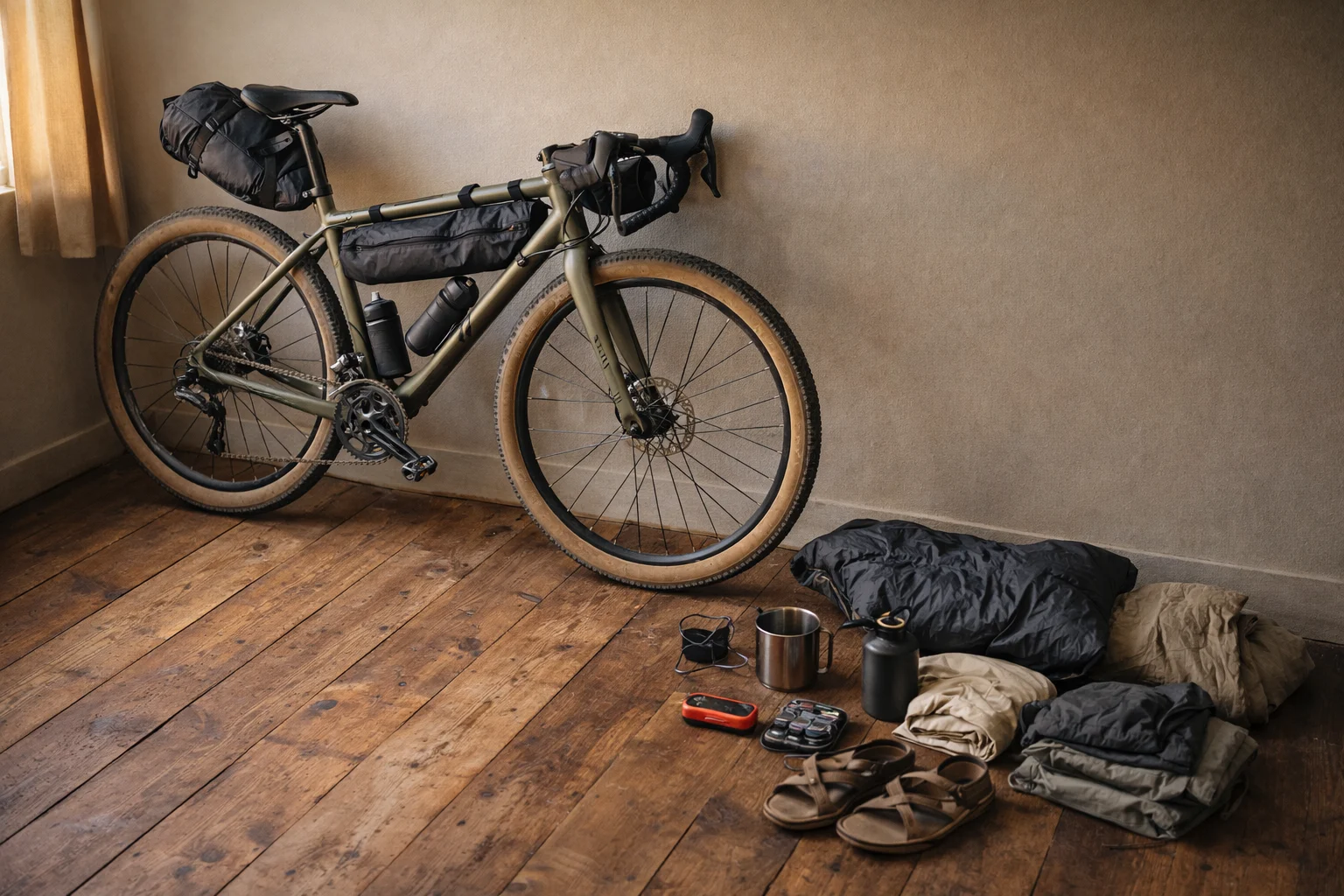 ultralight bikepacking kit laid out next to a loaded gravel bike on a wooden floor, minimal gear, warm natural light, clean flat-lay composition
