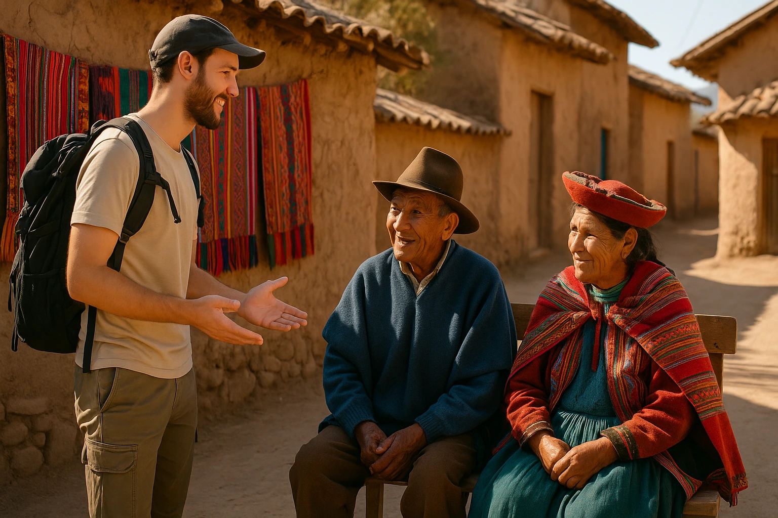 Traveler engaging with South American locals respectfully