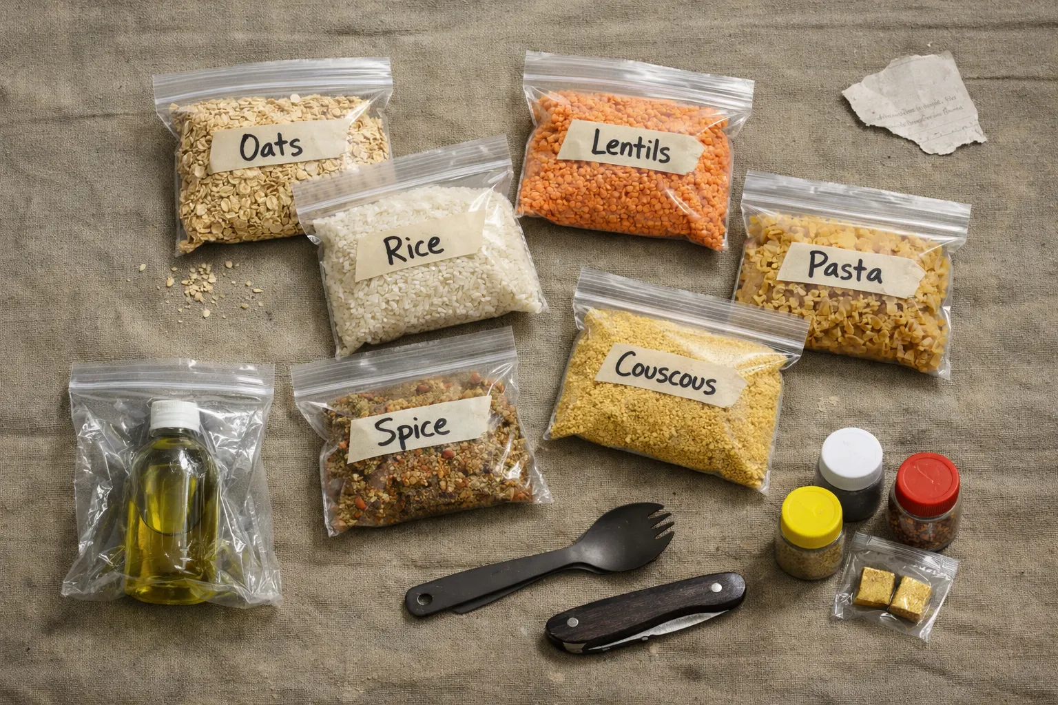 Labeled zip meal bags with oats, rice, lentils, couscous and pasta, plus double-bagged olive oil and a small spice kit