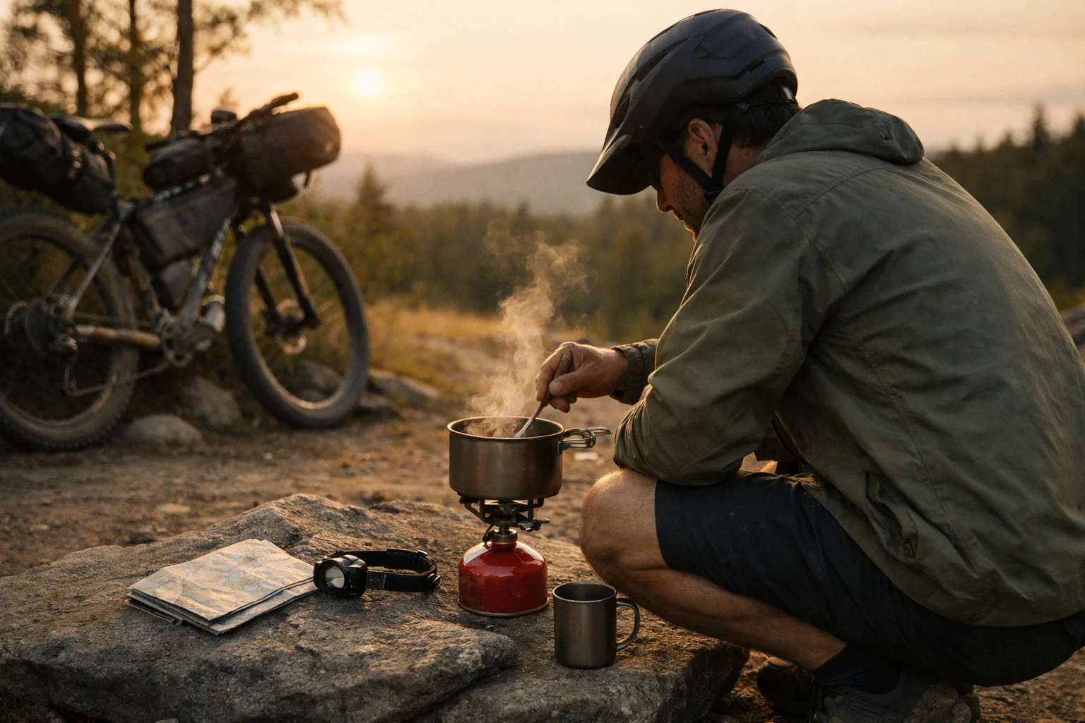 Bikepacker cooks dinner in a single pot on a small stove beside a loaded bike at sunset
