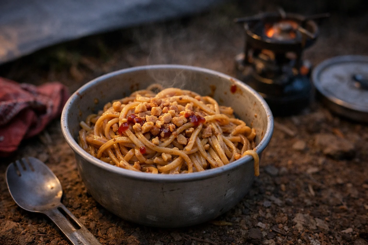 Bowl of spicy peanut noodles topped with crushed peanuts and chili sauce beside a camp stove