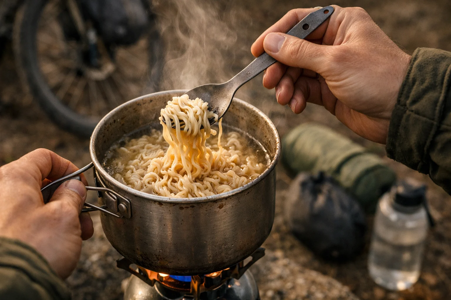 Hands stir noodles in a small pot on a canister stove — one pot bikepacking meals at camp