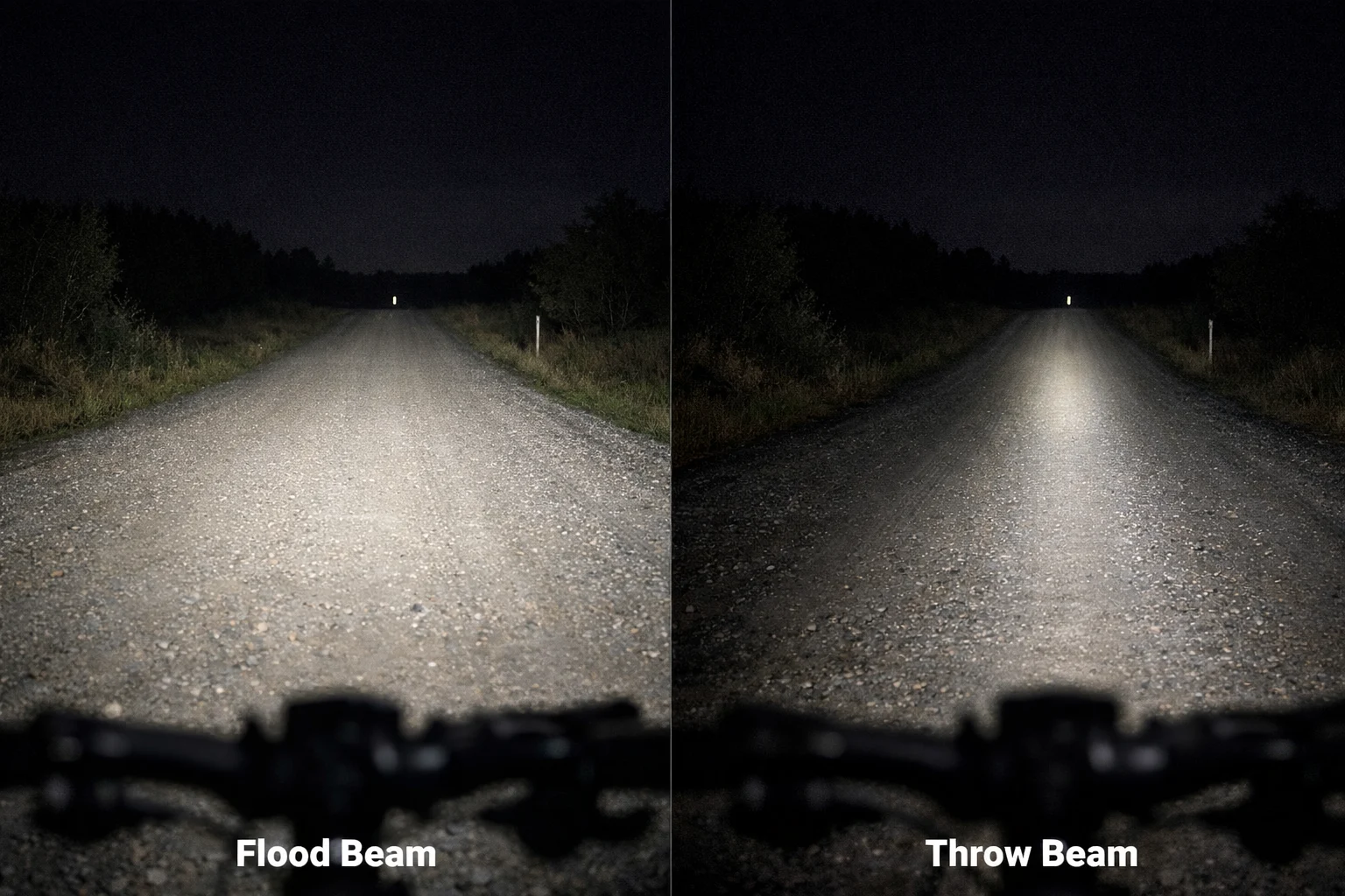 Side-by-side flood vs throw beam pattern on a gravel road at night, wide spill vs narrow distant hotspot