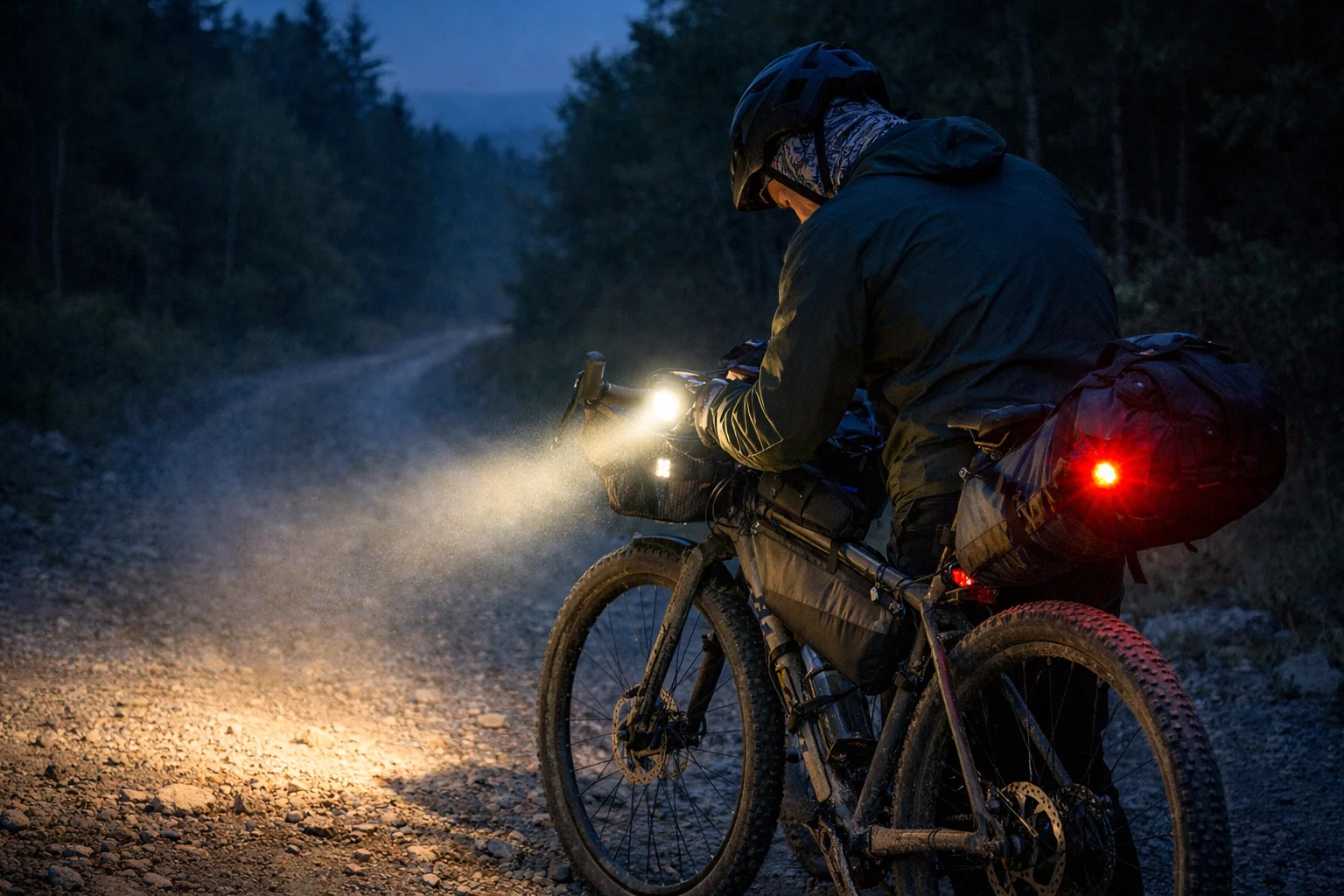 Bike lights for bikepacking on a loaded gravel bike at dusk as a rider checks the front beam