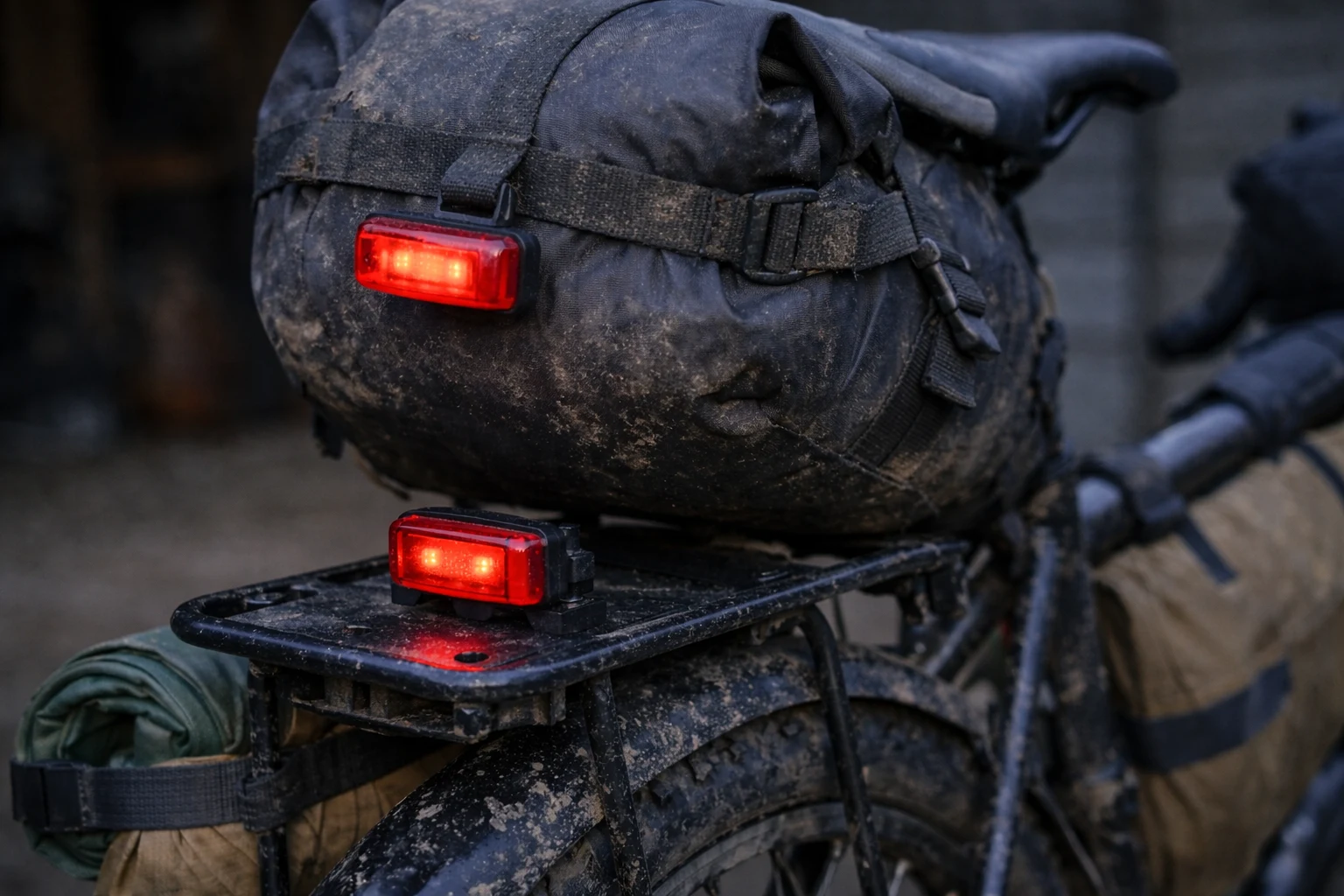 Rear light mounting on a bikepacking setup, with one light on the seat pack and another on the rear rack
