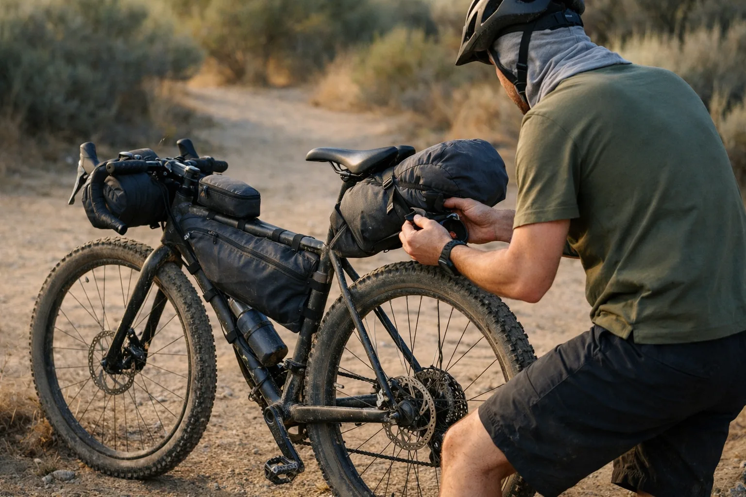 Rider tightening a seat pack strap on a bikepacking bags system at a dusty trailhead