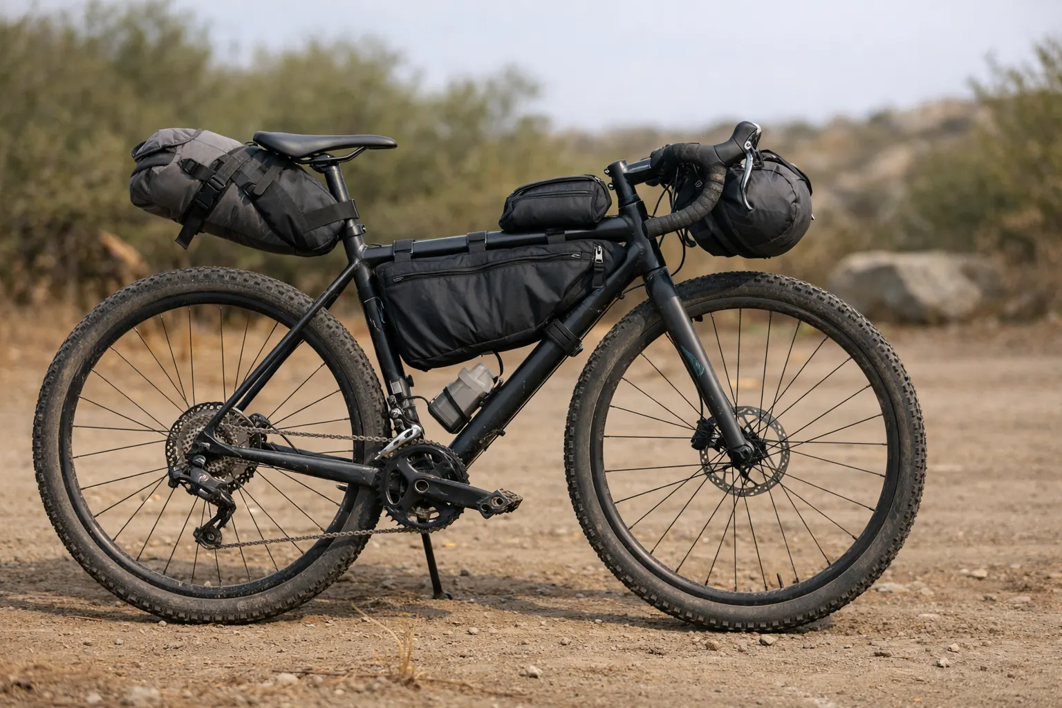 Side profile of a fully loaded drop-bar bike with frame bag, seat pack, top-tube bag, and handlebar roll