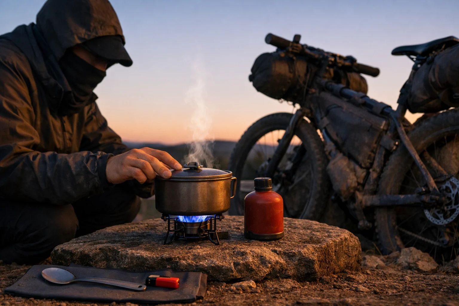 Bikepacking cooking system at dusk: rider boiling water on a compact stove beside a loaded bike