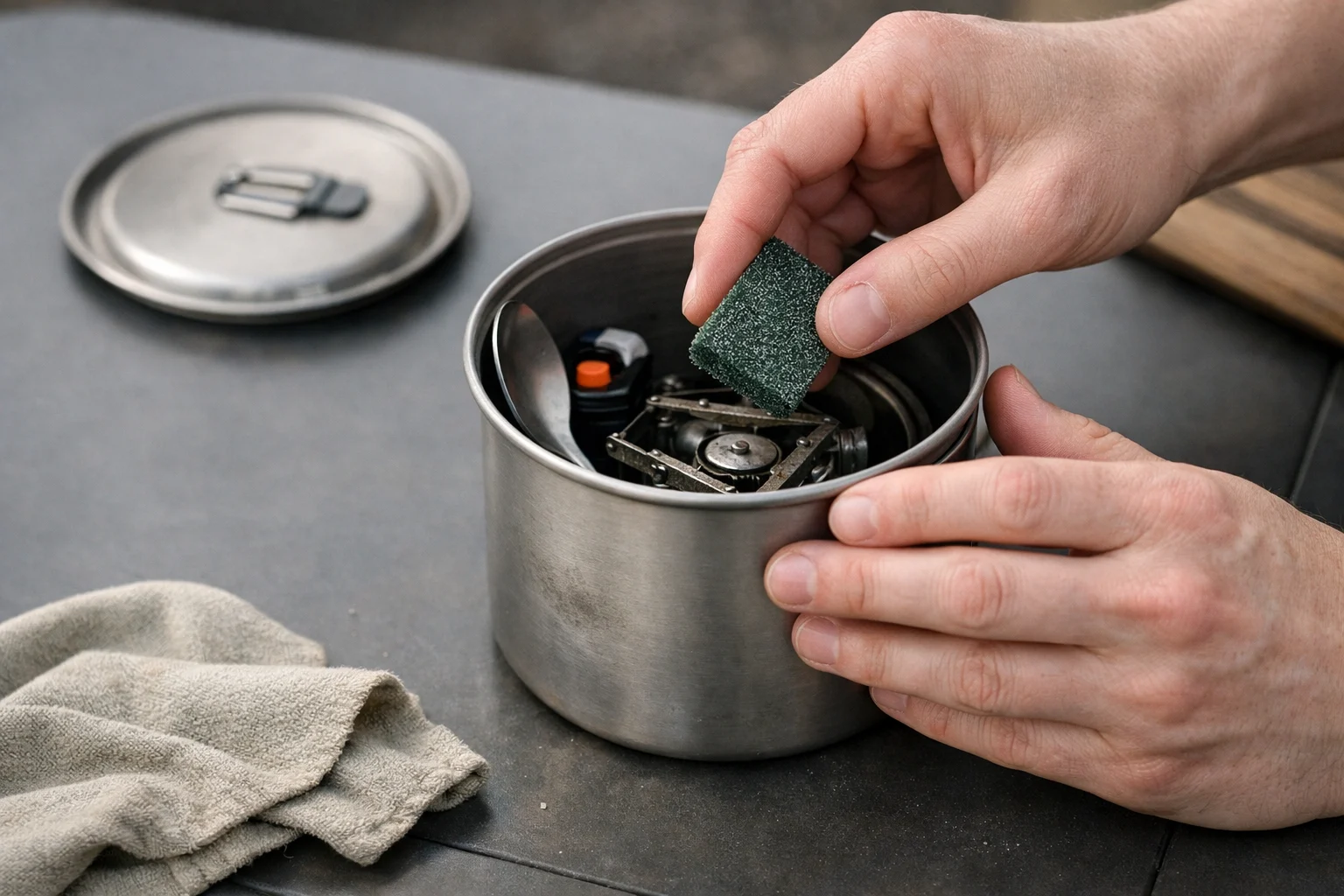 Hands nesting a compact stove, lighter, and spoon inside a pot for a tidy bikepacking cook kit