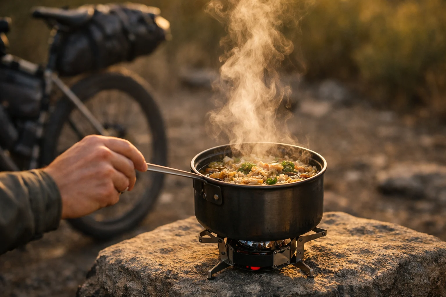 Steaming one-pot meal on a small camp stove with a loaded bike in the background