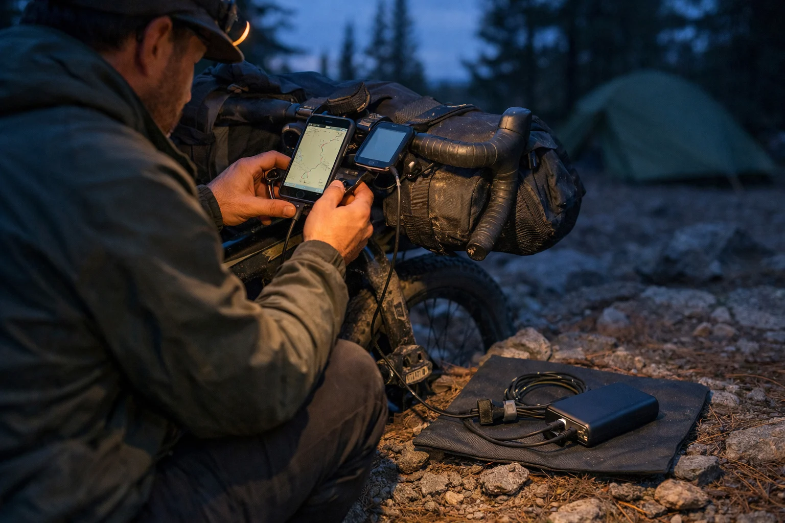 Bikepacking power setup at a dusk campsite: rider charging phone and GPS from a power bank with tidy cables