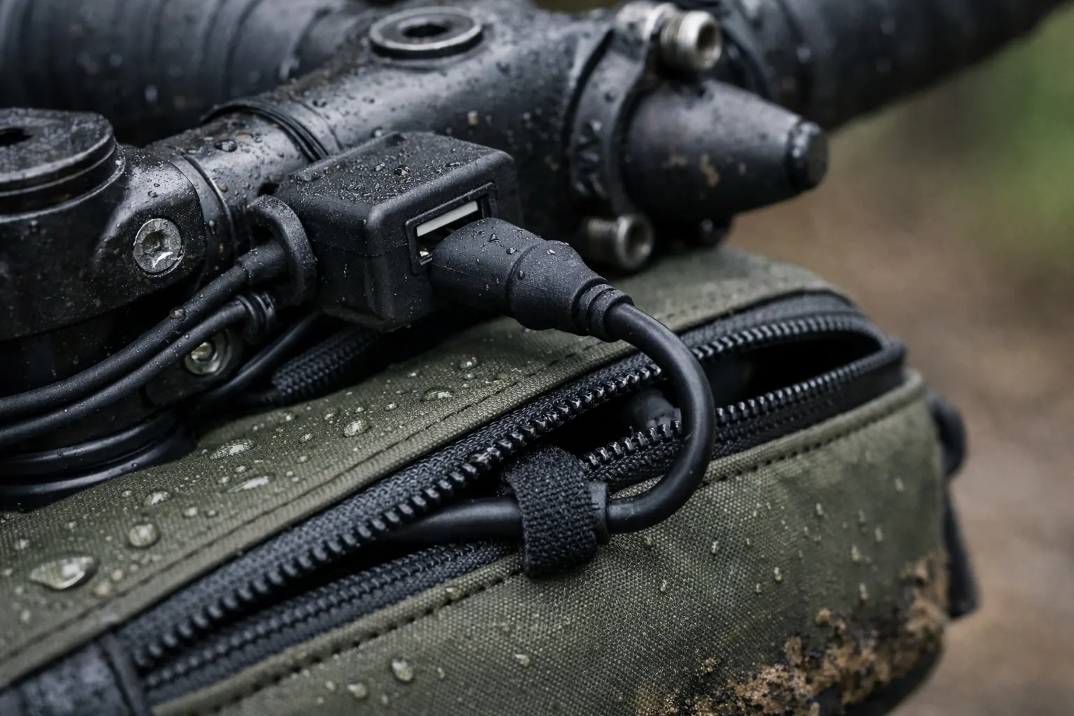 Handlebar USB charging port with cable routed into a handlebar bag, raindrops on the setup