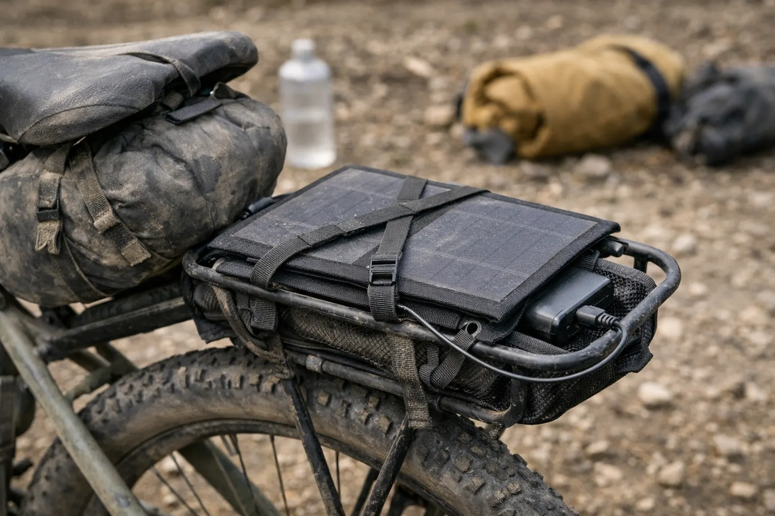 Foldable solar panel strapped to a rear rack, charging a power bank in a mesh pocket during overcast daylight