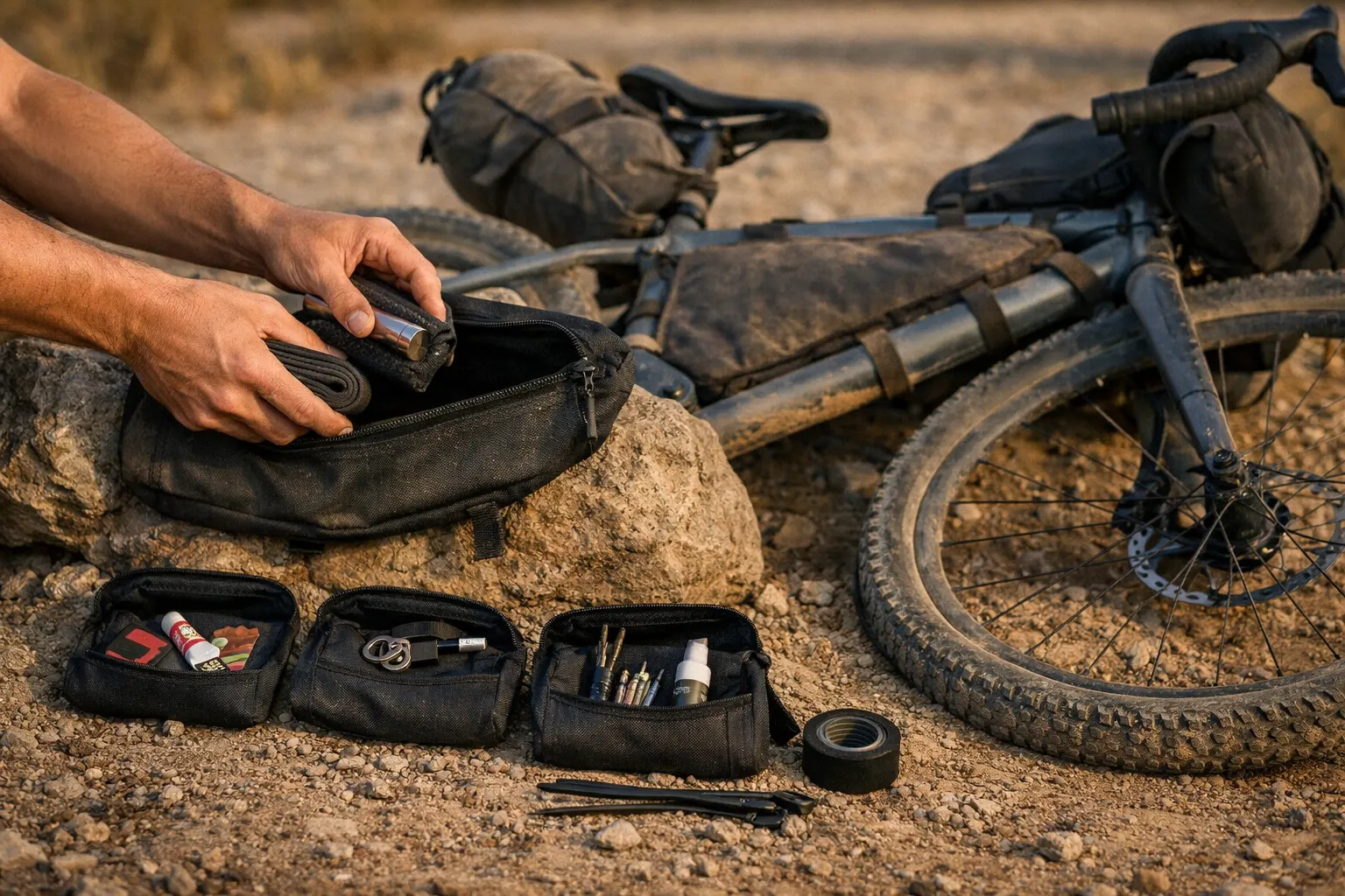 Bikepacking repair kit organized in small pouches and stored in a frame bag for fast access