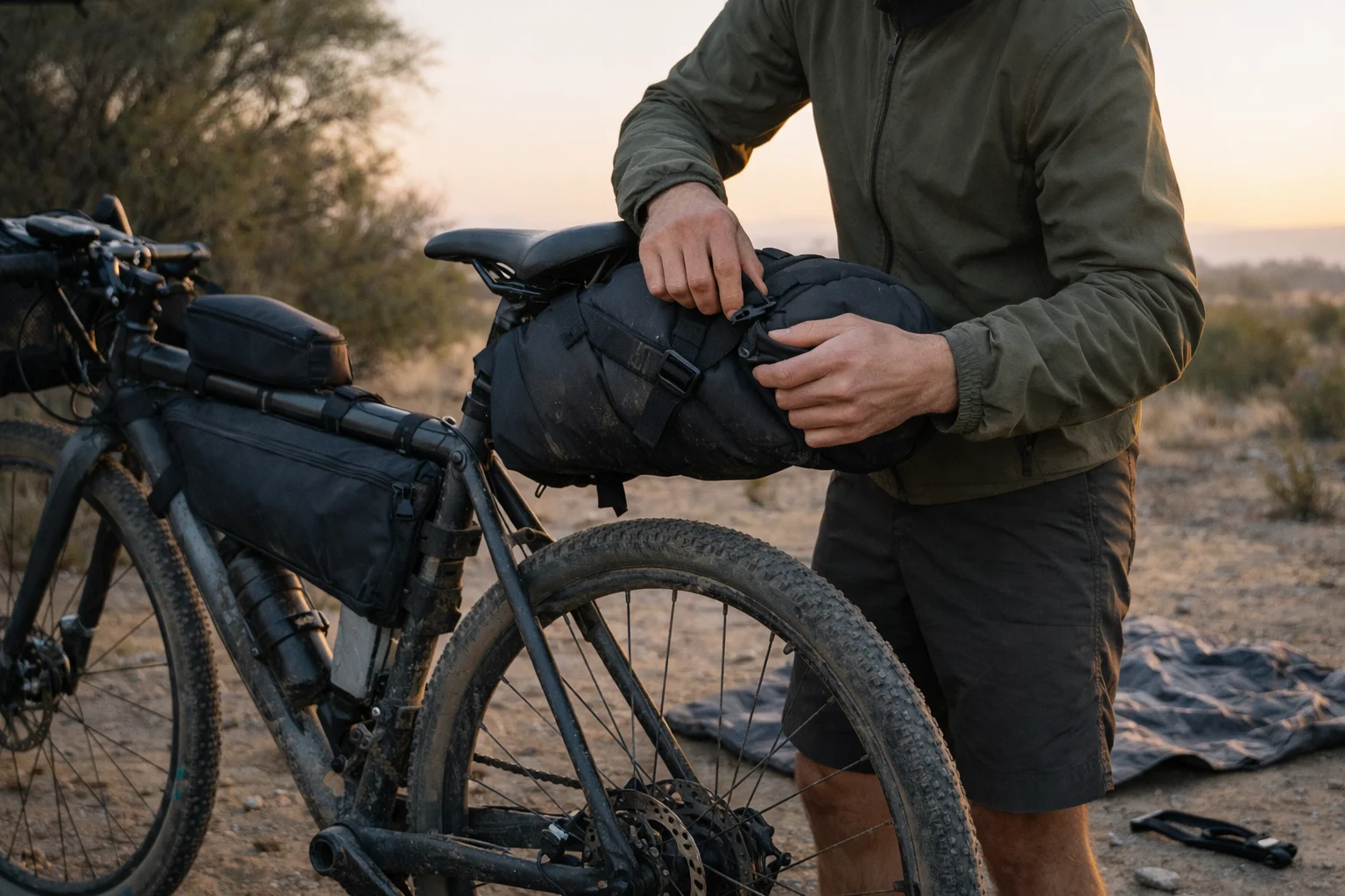 Rider tightening a seat-pack strap on budget bikepacking bags at a dawn desert camp