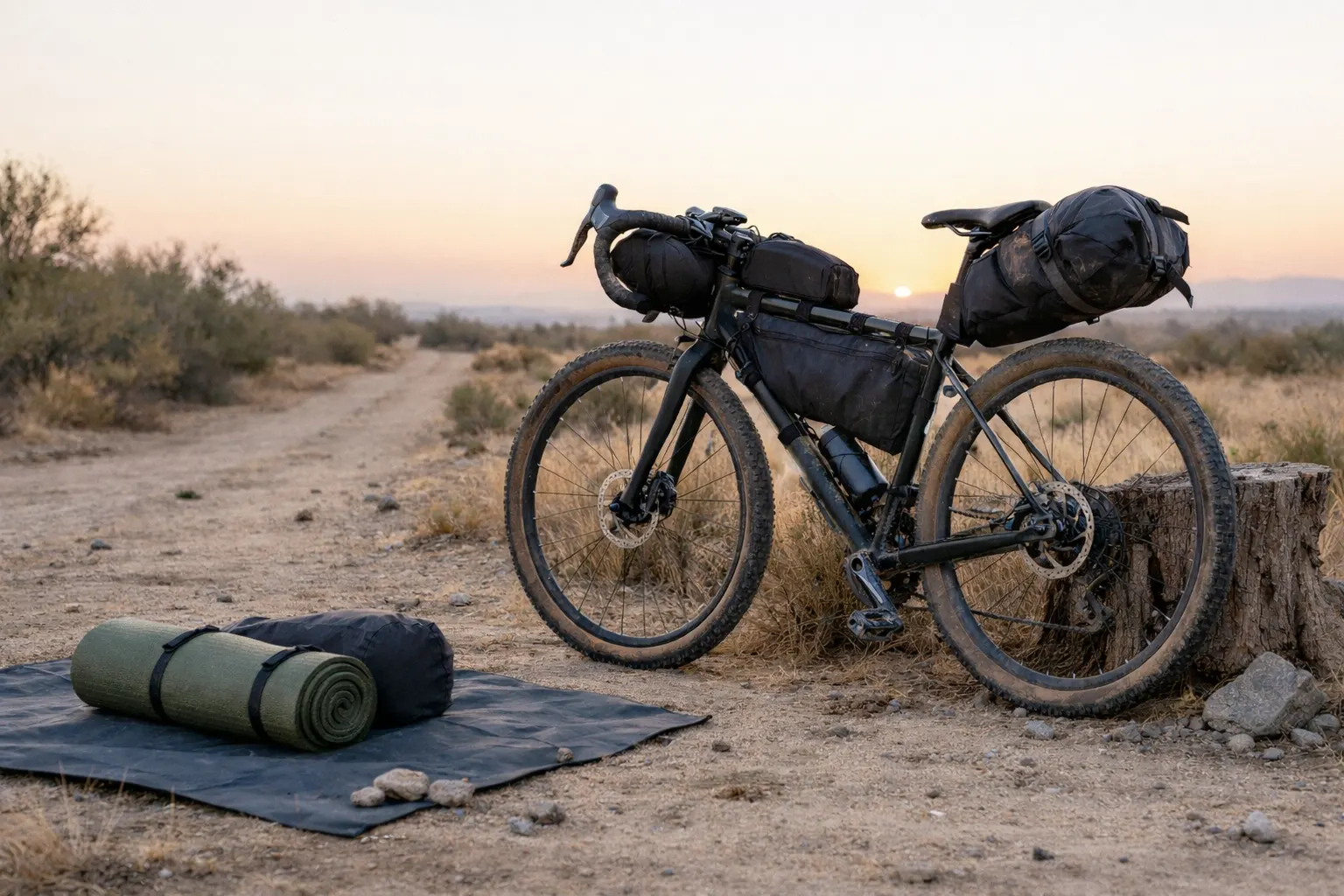 Loaded gravel bike with frame bag, handlebar roll, and seat pack beside a groundsheet and sleeping pad at sunrise