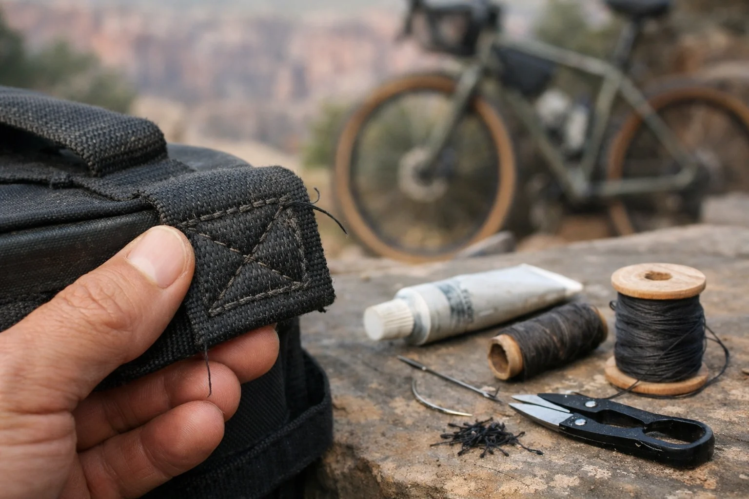 Close-up of bikepacking bag strap-anchor stitching during a field repair with seam sealer and thread