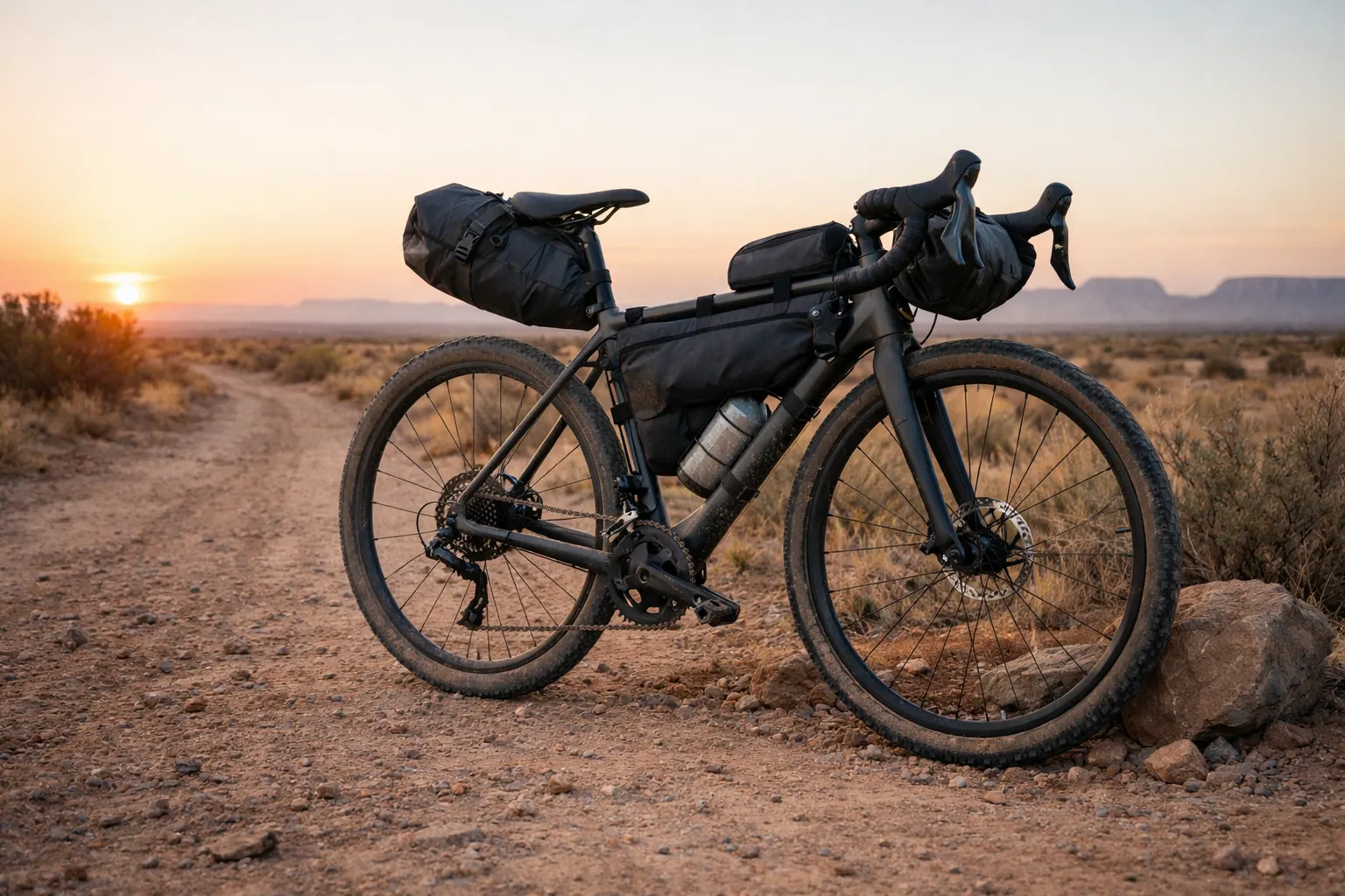 Loaded gravel bike with frame bag and seat pack on a desert two-track at sunrise