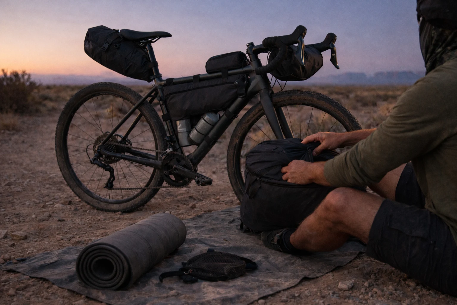 Rider packing a minimal sleep system for bikepacking into a frame bag beside a loaded gravel bike at dusk