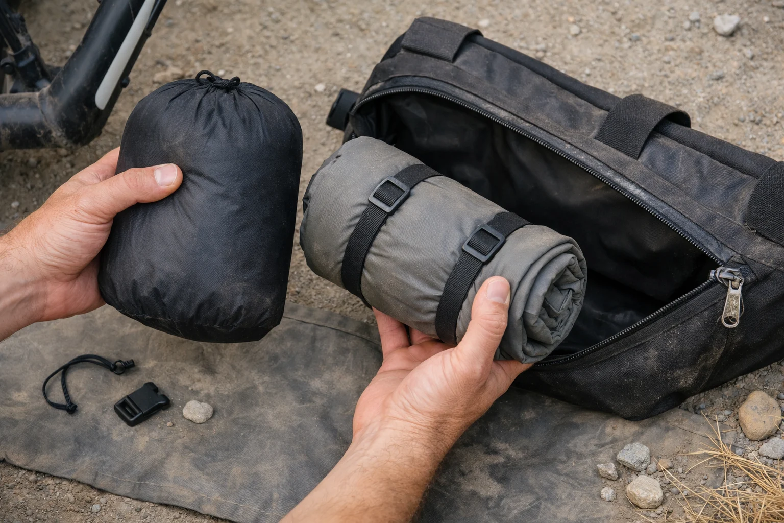Hands holding a packed quilt and rolled sleeping pad beside an open frame bag