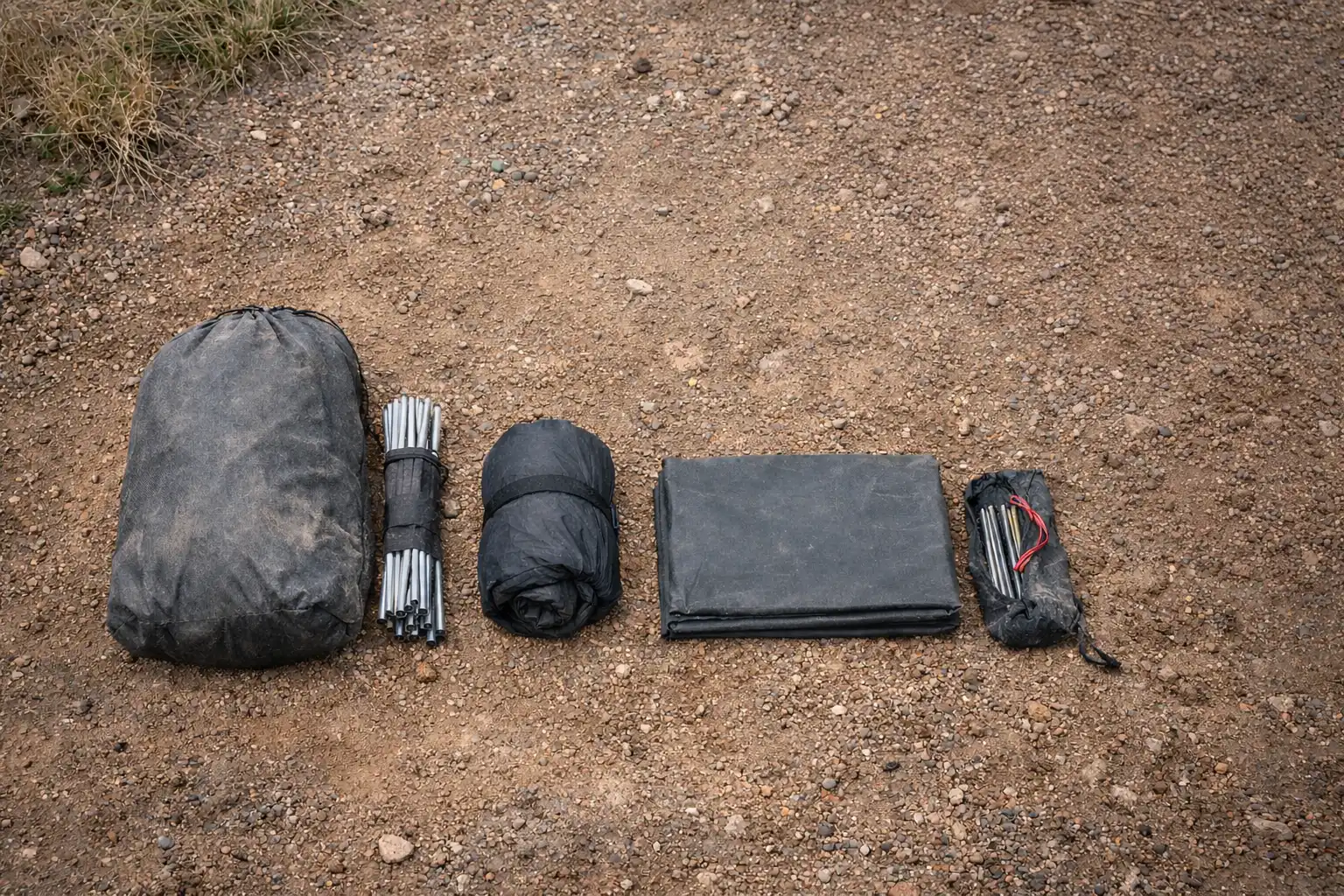 Bikepacking shelter pack size comparison showing a tent bundle with poles, a compact bivy, and a folded tarp with stakes