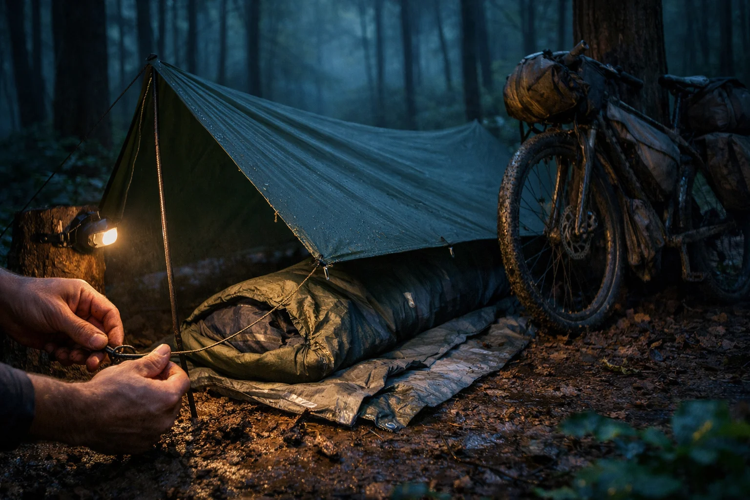 Hybrid bikepacking shelter with a tarp pitched over a bivy in a damp forest, headlamp glow and loaded bike nearby