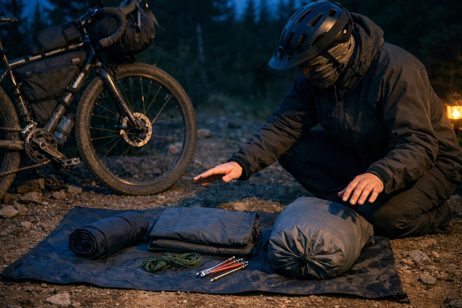 Bikepacker comparing tent vs bivy vs tarp bikepacking setups beside a loaded gravel bike at dusk