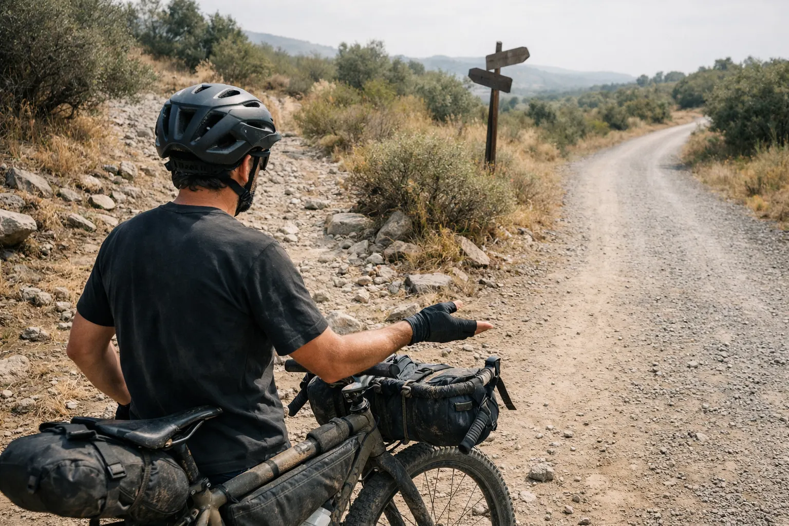 Bikepacker at a gravel road junction weighing rocky trail vs gravel road for tire setup