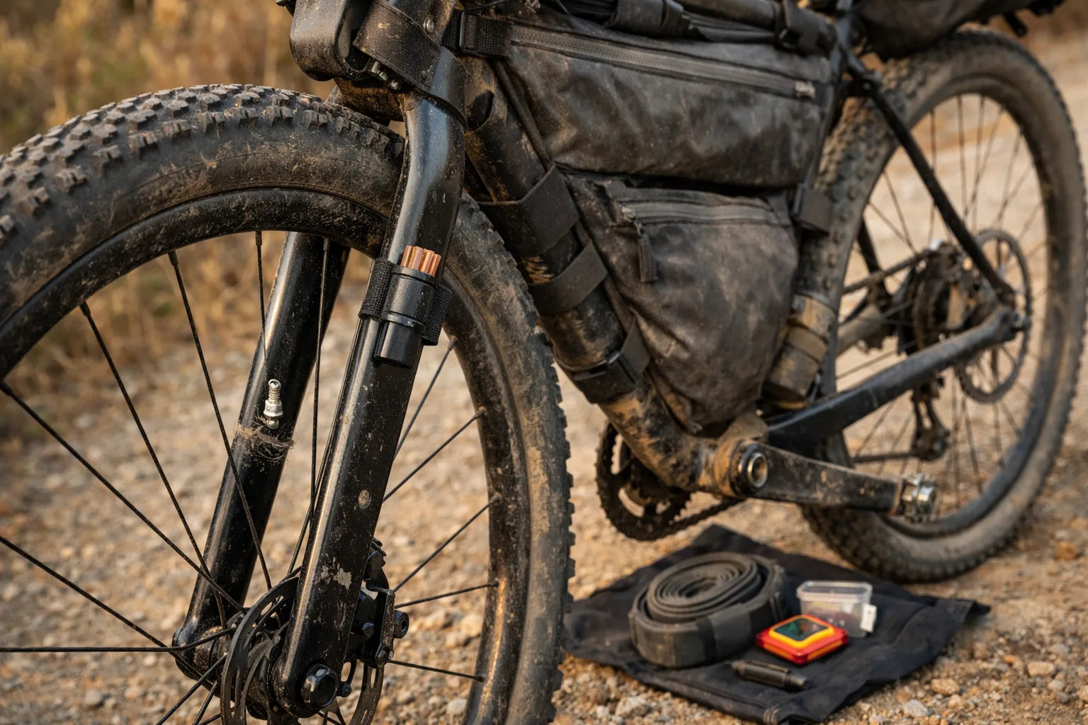 Close-up of a loaded bikepacking bike showing a hybrid setup with tubeless front wheel and tube backup kit