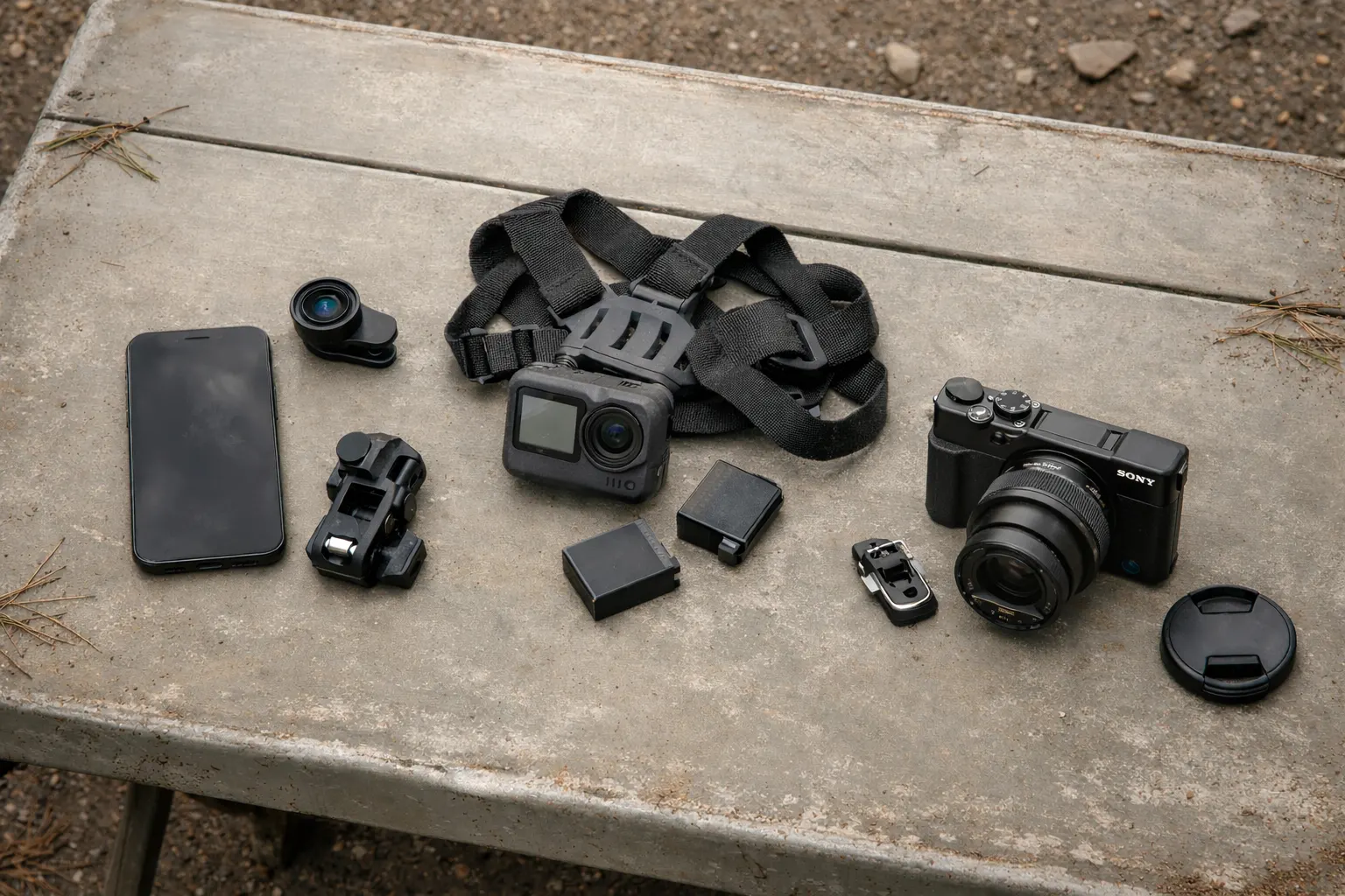 Phone, action camera, compact premium, and mirrorless kits compared on camp table with weight labels