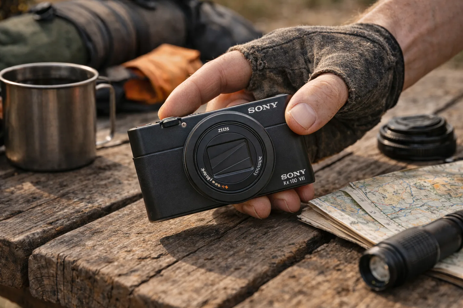 Hand quickly pulling Sony RX100 VII from jersey pocket during a bikepacking stop on dusty trail