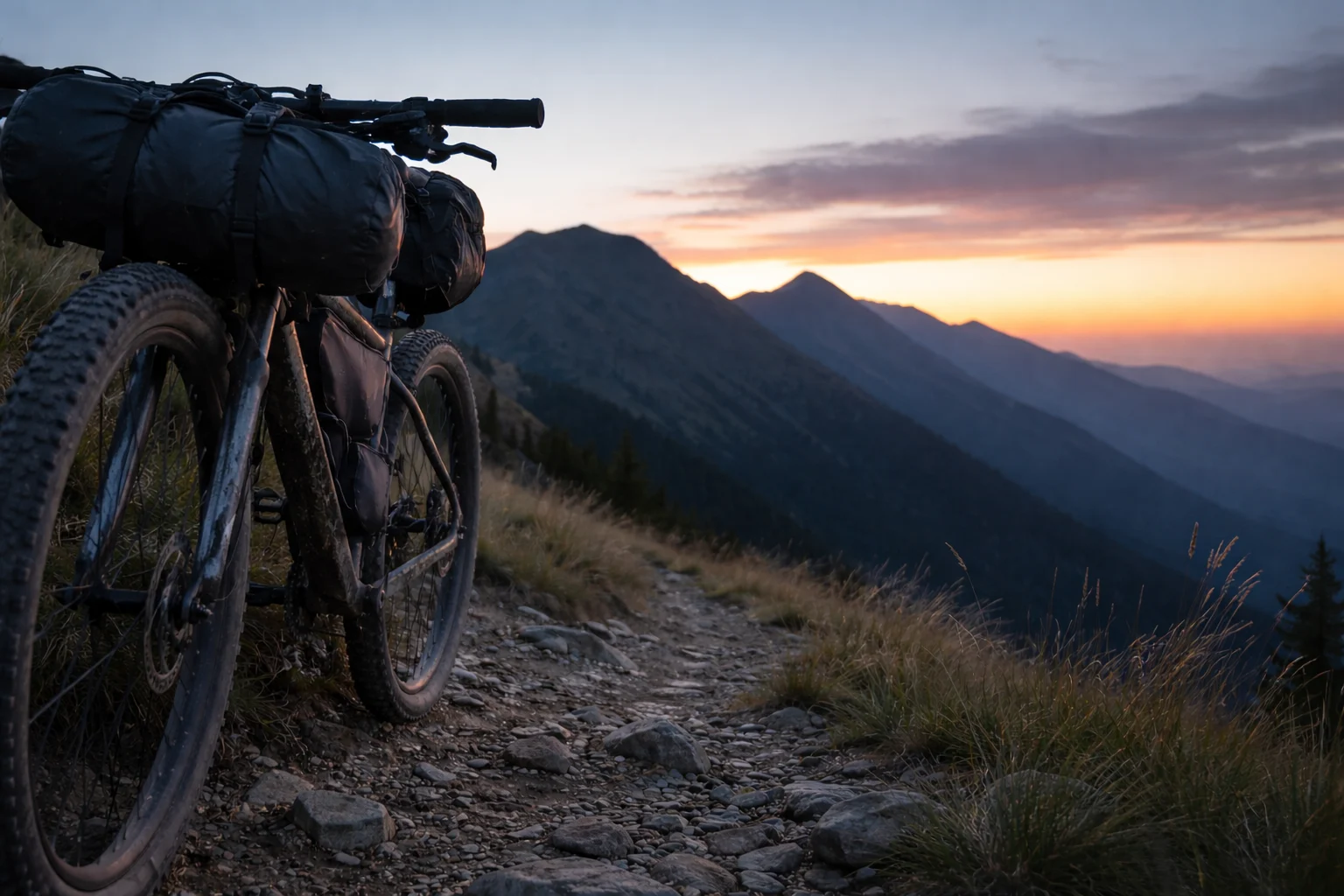 Sunrise ridgeline with loaded bike foreground, captured with RX100 VII zoom compression