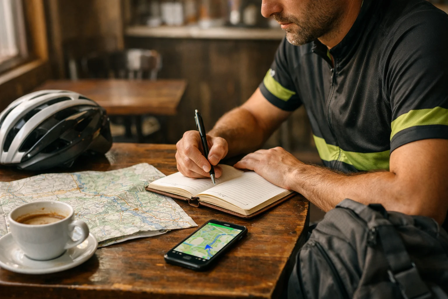 Cyclist in sports jersey planning a bike route at a café table with map, smartphone navigation app, notebook, coffee, and helmet.